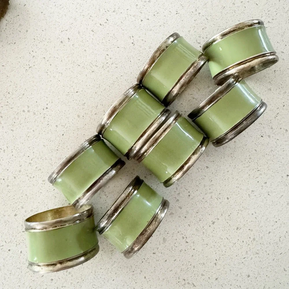 Mint Green Enamel Napkin Rings Set of 8 Silver Tone Napkin Rings Vintage